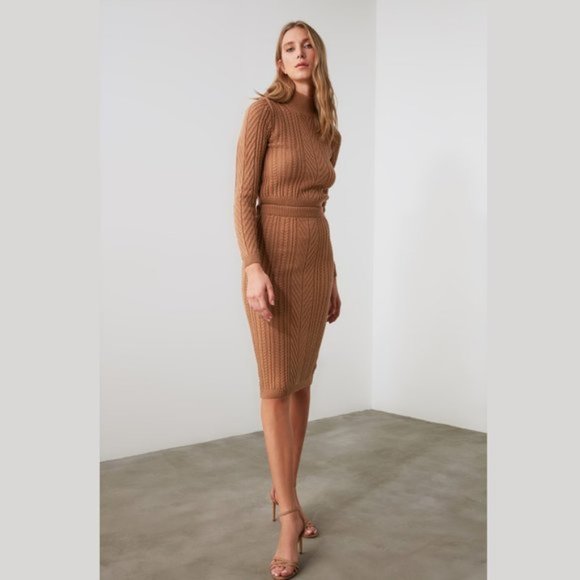 2 Piece Tan Knitwear Crew Neck Sweater Skirt Set - Picture 4 of 11